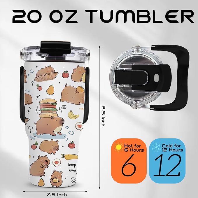 Capybara Tumbler 20 oz with Handle - Cute Animal Water Bottle, Insulated Cup - Unique Gifts for Girls, Kids, Capybara Lovers - Birthday Christmas Gift - Image 2