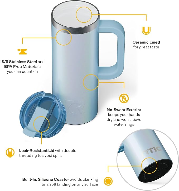 RTIC 20oz Road Trip Travel Mug with Lid and Handle, Ceramic Lined, Insulated, Stainless Steel, Metal, Double Wall Vacuum-Insulation, Portable Coffee, Tea Cup for Hot and Cold Drink, RTIC Ice Glitter - Image 4
