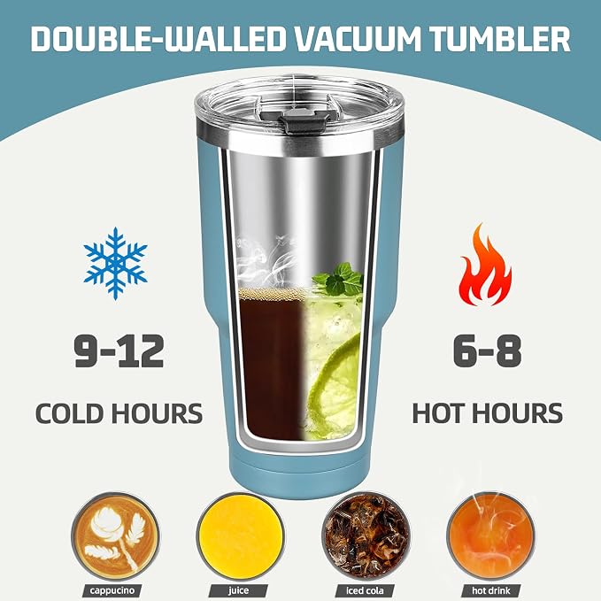 30 oz Tumbler with Lids and Straws, Stainless Steel Insulated Coffee Tumbler, Double Wall Vacuum Insulated Travel Mug Cup, Leakproof Thermal Coffee Cup for Hot and Cold Drinks (Azure Blue) - Image 4