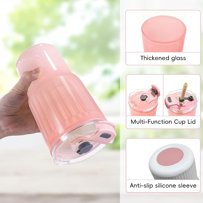 Iced Coffee Cups with Lids: Coffee Bar Accessories - Ribbed Glass Tumbler with Silicone Straw and Lid - 20oz Leak Proof Reusable Glass Cups and Tumblers with Lid and Silicone Straws(1Pcs-Pink) - Image 4
