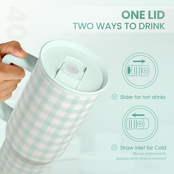 SANDJEST Mint Gingham 40oz Slider Tumbler with Handle and Straw - Insulated Stainless Steel Travel Coffee Mug for Women Girls, Gift for Birthday, Christmas - Image 5