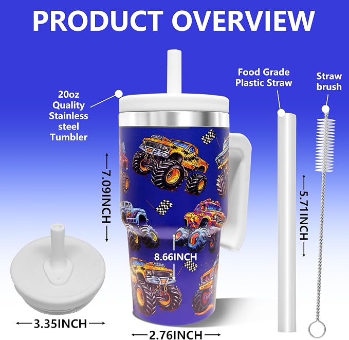 20-OZ Insulated Water Bottle,Insulated Stainless Steel Tumbler,Reusable Cold Drink Thermos,BPA-Free, Double-Wall Stainless Steel Water Bottle (Dark blue-Monster truck, 20, Fluid Ounces) - Image 2