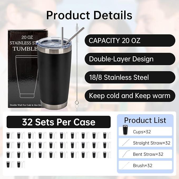 IEOVIEE 32 Pack, 20oz Stainless Steel Bulk Tumblers with Lids and Straws, Double Wall Insulated Travel Coffee Mug, Durable Powder Coated Tumbler Bulk Cup for Cold and Hot Drinks(Black) - Image 2
