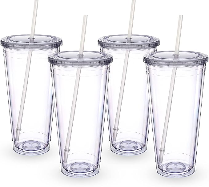 Zukro Clear Acrylic Tumbler with Straw and Lid 32 oz, Double Walled Insulated Reusable Plastic Iced Coffee Cup, To Go Cup Perfect for Home, Office, Fit in Cupholder, BPA Free, 4 Pack by ZukroDrinkware