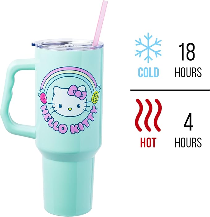 Silver Buffalo Sanrio Hello Kitty Kawaii Strawberry, Pineapple, and Rainbows Stainless Steel Tumbler with Handle and Straw, Fits in Standard Cup Holder, 40 Ounces (Pack of 12) - Image 3