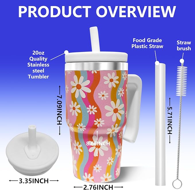 20-OZ Insulated Water Bottle,Insulated Stainless Steel Tumbler,Reusable Cold Drink Thermos,BPA-Free, Double-Wall Stainless Steel Water Bottle (Pink-Rainbow Flower, 20, Fluid Ounces) - Image 2