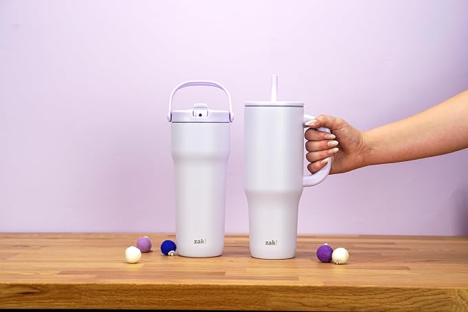 Zak Designs Sutton Travel Tumbler for On the Go, 40oz Stainless Steel with Vacuum Insulation, Silicone Straw, and Carry Handle for Cold Drinks (Smoky Lilac Purple) - Image 10