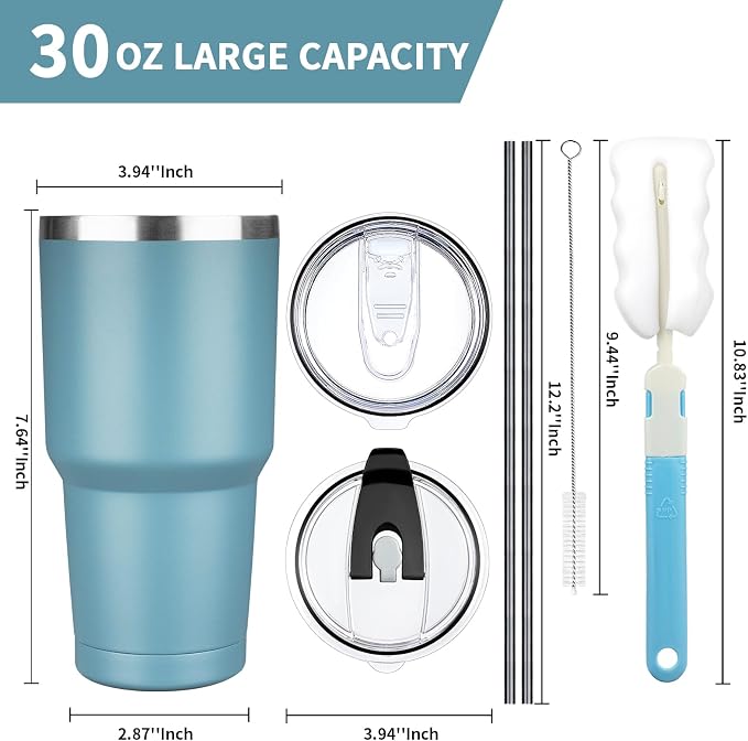 30 oz Tumbler with Lids and Straws, Stainless Steel Insulated Coffee Tumbler, Double Wall Vacuum Insulated Travel Mug Cup, Leakproof Thermal Coffee Cup for Hot and Cold Drinks (Azure Blue) - Image 2