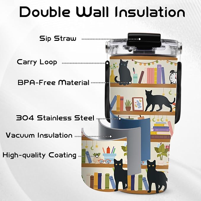 20oz Cats Tumblers - Black Cat Tumbler with Straw Handle, Leak-proof, BPA-free, Double Wall Insulated, Cat Gifts for Cat Lover, Insulated Coffee Tumbler Book Stainless Steel Cup for Kids School - Image 5