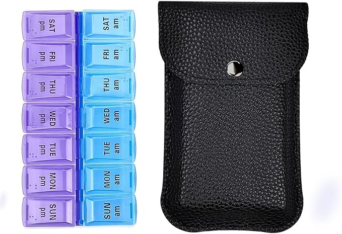 VOFOON Travel Pill Organizer 2 Times a Day, PU Leather Portable Pill Case by VOFOON