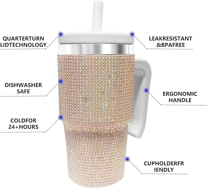 2PCS 20-OZ Insulated Water Bottle,Insulated Stainless Steel Tumbler,Reusable Cold Drink Thermos,BPA-Free, Double-Wall Stainless Steel Water Bottle (White-Diamonds, 20, Fluid Ounces) - Image 5