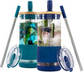 Pandaloo® Glass Cups With Lids and Straws -20 Fl Oz- Perfect Size Iced Coffee Cup - Smoothie Cup With Bamboo Lid and On the go Lid - Glass Tumbler (2 Count (Pack of 1), Intense Teal-Galactic Blue) by Pandaloo