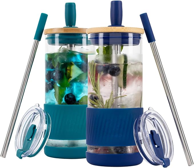 Pandaloo® Glass Cups With Lids and Straws -20 Fl Oz- Perfect Size Iced Coffee Cup - Smoothie Cup With Bamboo Lid and On the go Lid - Glass Tumbler (2 Count (Pack of 1), Intense Teal-Galactic Blue) by Pandaloo