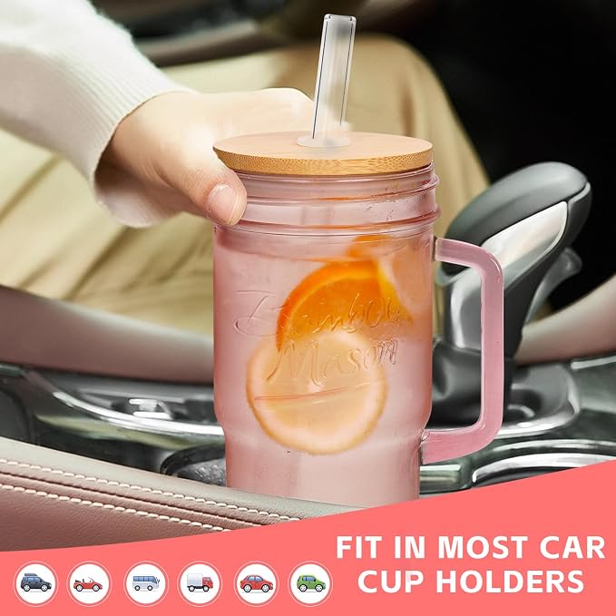 ANOTION Glass Cups with Handle, 24oz Glass Cups with Lids and Straws Travel Coffee Mug Bamboo Mason Jar Iced Cup Smoothie Tea Clear Cute Water Drinking Jars Glasses - Image 7