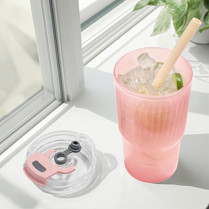 Iced Coffee Cups with Lids: Coffee Bar Accessories - Ribbed Glass Tumbler with Silicone Straw and Lid - 20oz Leak Proof Reusable Glass Cups and Tumblers with Lid and Silicone Straws(1Pcs-Pink) - Image 6