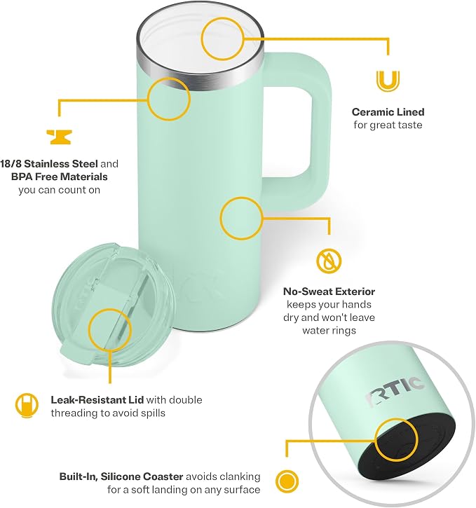 RTIC 20oz Road Trip Travel Mug with Lid and Handle, Ceramic Lined, Insulated, Stainless Steel, Metal, Double Wall Vacuum-Insulation, Portable Coffee, Tea Cup for Hot and Cold Drink, Fresh Mint - Image 4