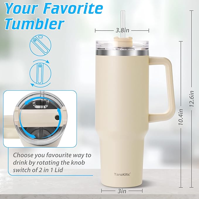 TaroKitc 40 oz Tumbler with Handle | Stainless Steel Insulated Travel Mug with Lids and Straw | Iced Coffee Cup | Keeps Cold for 34 Hours | Dishwasher Safe, BPA Free | Clear Sky - Image 6
