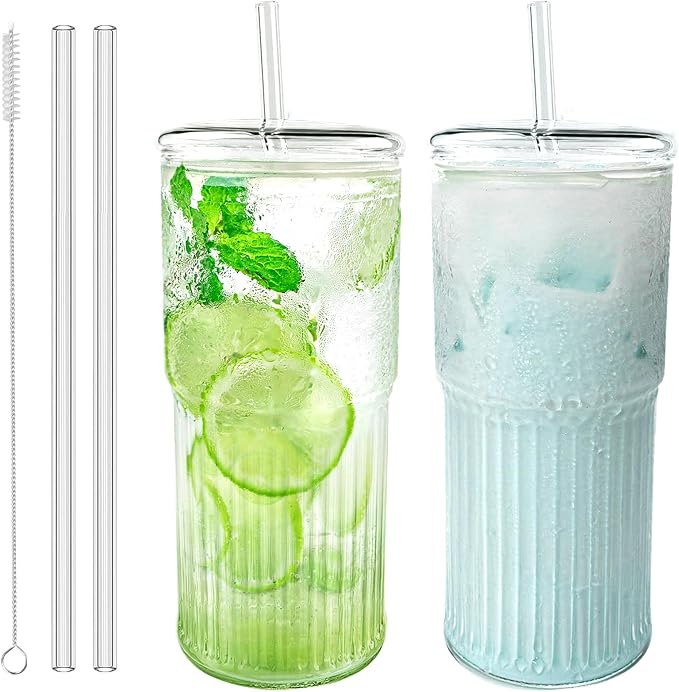 Luiaiog Glass Cups with Lids and Glass Straws, High Borosilicate 20OZ Tumblers (2Pcs) for Coffee, Tea, Juice, Smoothies, Hot/Cold Drinks at Home, Office（Creative Drink Label Design） by Luiaiog