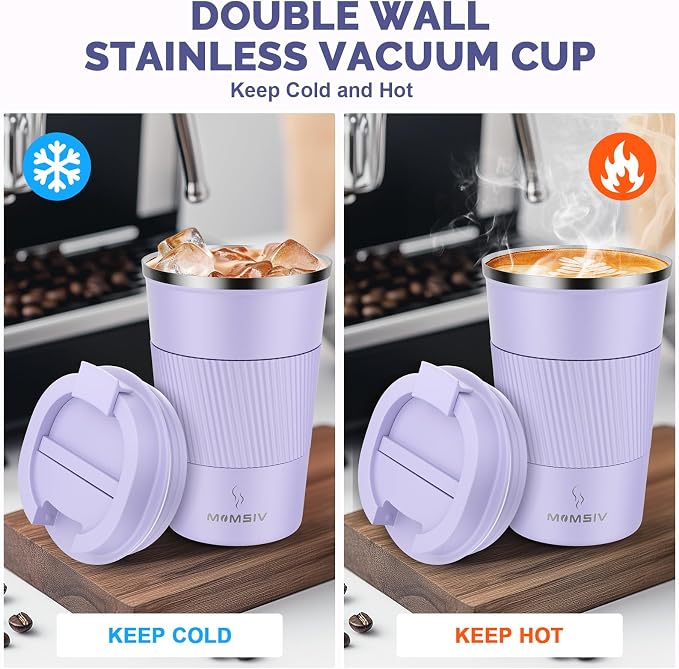 MOMSIV 12oz Travel Mug, Insulated Coffee Cup with Leakproof Lid, Vacuum Stainless Steel Double Walled Reusable Tumbler for Hot and Cold Water Coffee and Tea In Travel and Car - Image 3
