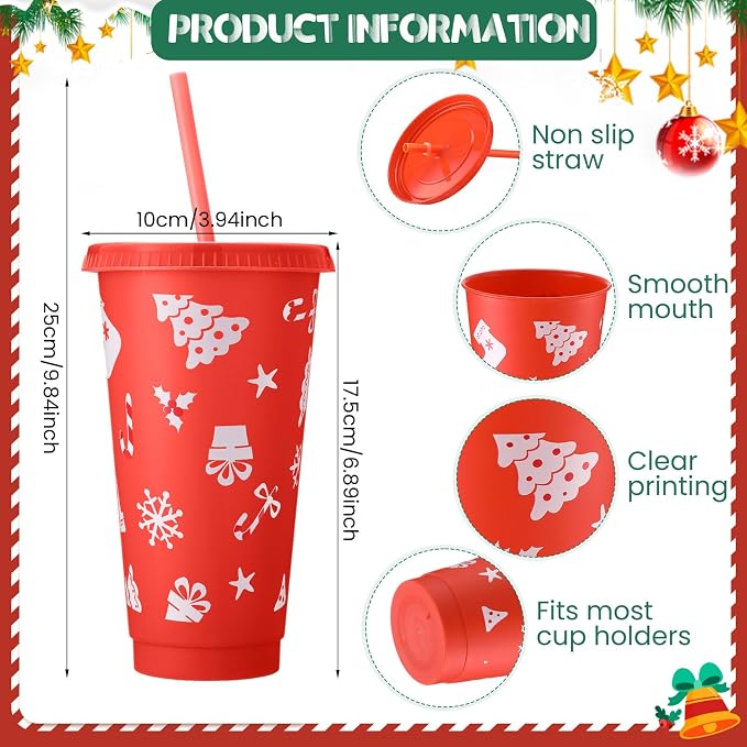 Honeydak 30 Pcs 24 oz Christmas Cups Gifts Bulk Christmas Tumbler with Straw and Lid Elk Xmas Reusable Plastic Coffee Cup Winter Water Bottle Iced Travel Mug for Holiday Party Birthdays - Image 4
