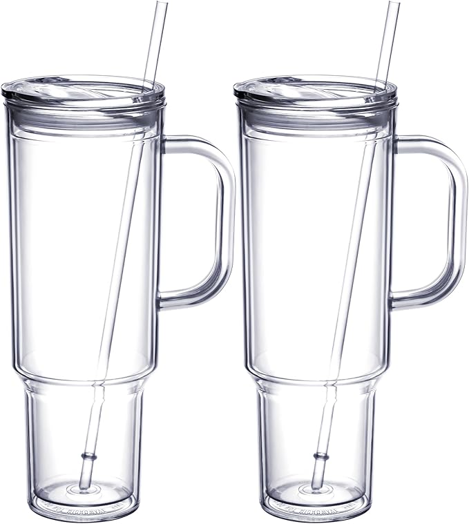 MEWAY 40 oz Acrylic Tumbler with Handle and Straw Lid，Double Wall Vacuum Reusable plastic Water Bottle Travel Mug Cup，Classic Tumblers Cupholder Friendly (2 Pack) by MEWAY