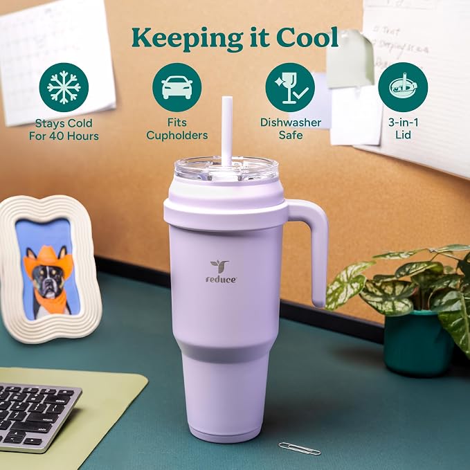 Reduce 50 oz Stainless Steel Tumbler with Handle - Dual-Wall Vacuum Insulated Travel Mug, Sweat-Proof Lid & Reusable Straw - Keeps Drinks Cold for 24 Hrs, Fits Cupholders, Dishwasher Safe - Crisp Mint - Image 3