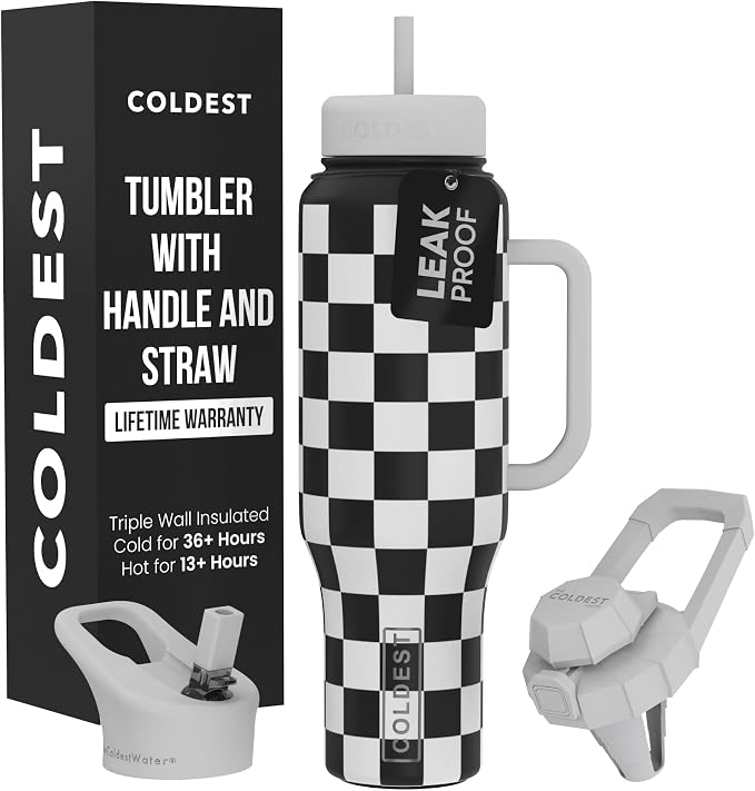 Coldest Tumbler with Handle and Straw, 100% Spill Proof Tumbler with Straw (3 Lids), Stainless Steel Insulated Leakproof Tumblers for Women Men, Cup Holder Friendly, 46 oz Black & White Checkers by Coldest