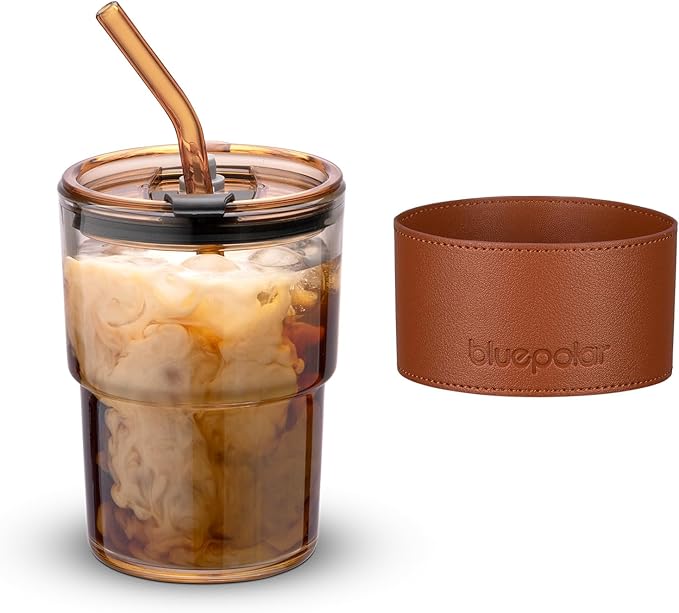 BLUEPOLAR 13oz/400ml Tumbler Water Glass, Cups with Straw and Lid Sealed Carry on for Coffee, Iced Tea, Thick Wall Insulated Glass Cup (Amberwith Protect Sleeve) by BLUEPOLAR