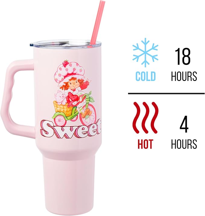 Silver Buffalo Strawberry Shortcake and Custard “Sweet” Double Walled Stainless Steel Tumbler with Handle, Fits in Standard Cup Holder, 40 Ounces - Image 3