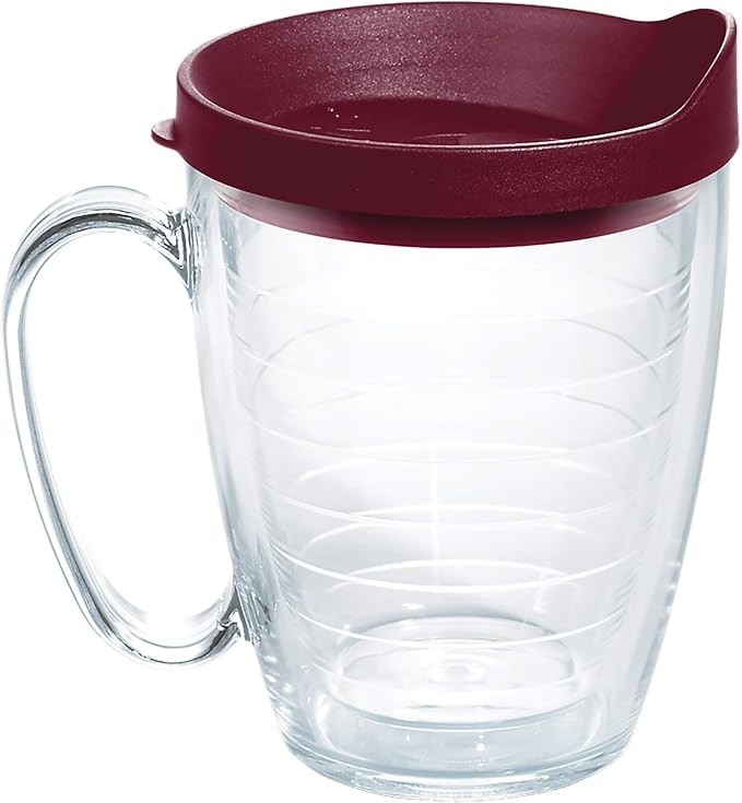 Tervis Clear & Colorful Lidded Made in USA Double Walled Insulated Tumbler Travel Cup Keeps Drinks Cold & Hot, 16oz Mug, Maroon Lid by TervisTumblerCompany