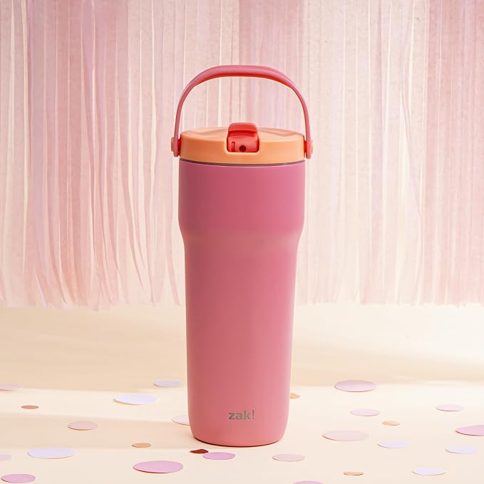 Zak Designs Sutton Travel Tumbler for On the Go, 30oz Stainless Steel with Vacuum Insulation, Straw Spout, Carry Handle for Cold Drinks (So Sweet Pink) - Image 11