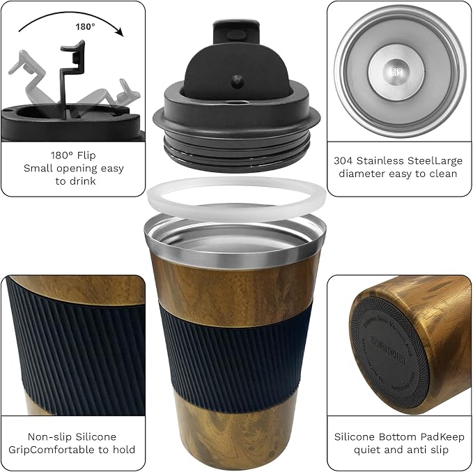 YINBAOGE Insulated Travel Coffee Mug, Spill & Leak Proof, Portable To Go Camping Stainless Steel Coffee Tumbler, Reusable Thermal Coffee Cup with Lid for Hot & Cold Drinks (Wood Grain, 12 OZ) - Image 2