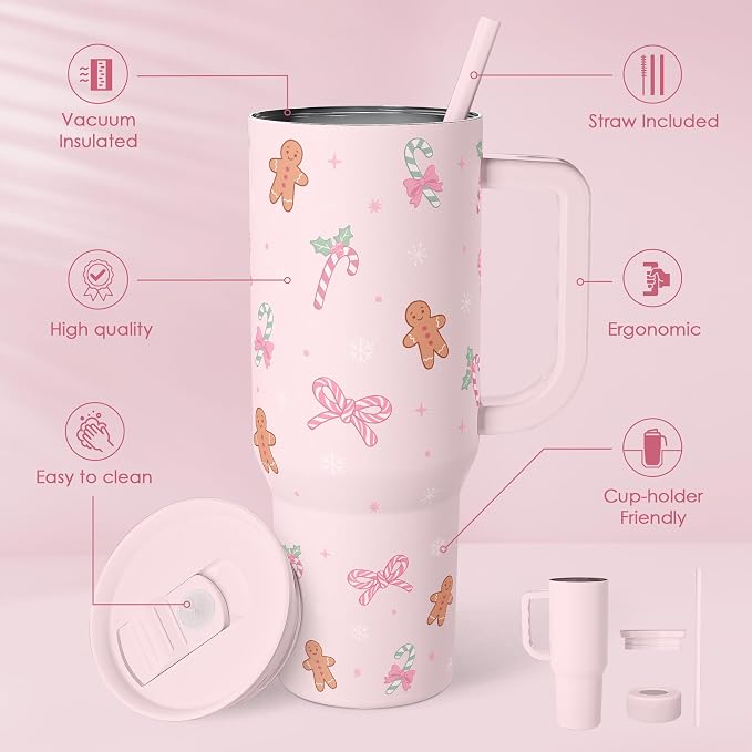 SANDJEST Christmas Theme 40oz Slider Tumbler with Handle and Straw - Insulated Stainless Steel Travel Coffee Mug for Women Girls, Gift for Birthday Xmas - Image 2
