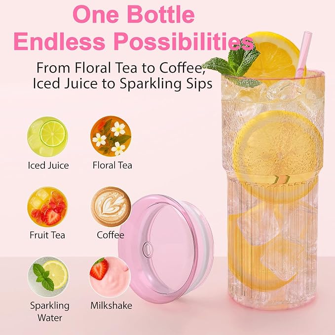 Luiaiog Glass Cups with Lids and Glass Straws, High Borosilicate 20OZ Pink Tumblers (2Pcs) for Coffee, Tea, Juice, Smoothies, Hot & Cold Drinks at Home/Office - Image 2