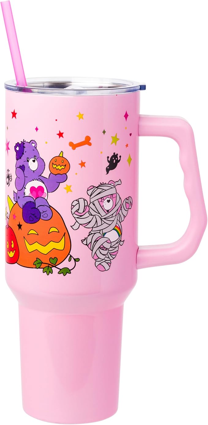 Silver Buffalo Care Bears Featuring Harmony Bear, Cheer, Share Bear, and Trick-or-Sweet Halloween Double Walled Stainless Steel Tumbler with Handle and Straw, Fits in Standard Cup Holder, 40 Ounces by SilverBuffalo