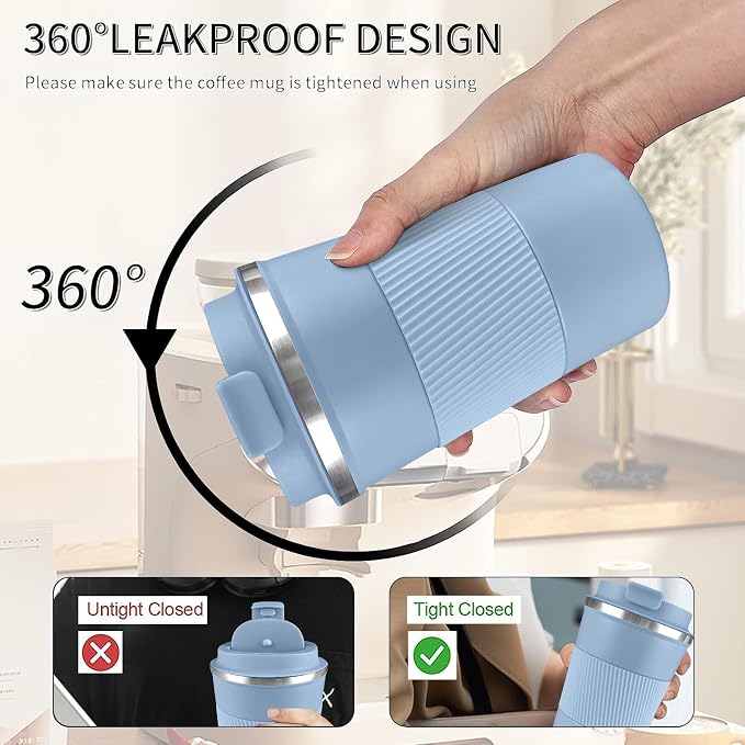 YINBAOGE Insulated Travel Coffee Mug, Spill & Leak Proof, Portable To Go Camping Stainless Steel Coffee Tumbler, Reusable Thermal Coffee Cup with Lid for Hot & Cold Drinks (Light blue, 12 OZ) - Image 5