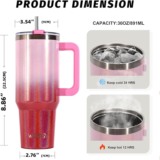 30 oz Shiny Tumbler with Handle and Straw,Stainless Steel Tumbler with Lid and Straw,Insulated Travel Mug(Cold for 34 Hours),Water Bottle for Iced Tea,Coffee (Red) - Image 2