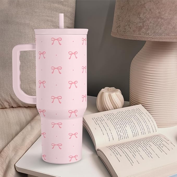 SANDJEST Gift for Women Girls - Coquette Bow Stainless Steel Tumbler with Handle, Travel Coffee Mug - Gifts for Birthday Christmas, 40oz - Image 6