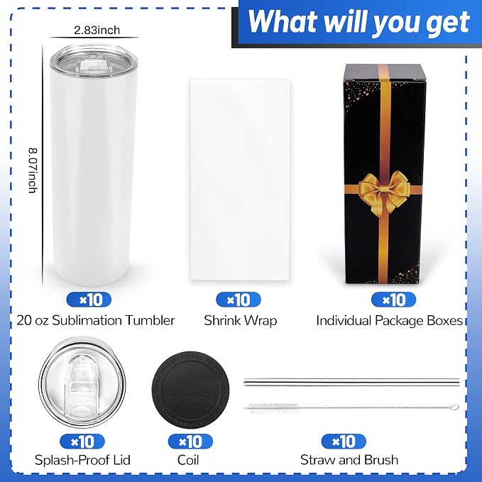 Joyclub Sublimation Tumblers Blanks 20 oz 10 Pack Skinny Straight Tumblers Bulk Stainless Steel Insulated Sublimation Cups with Lid and Straw, Gift Box - Image 2