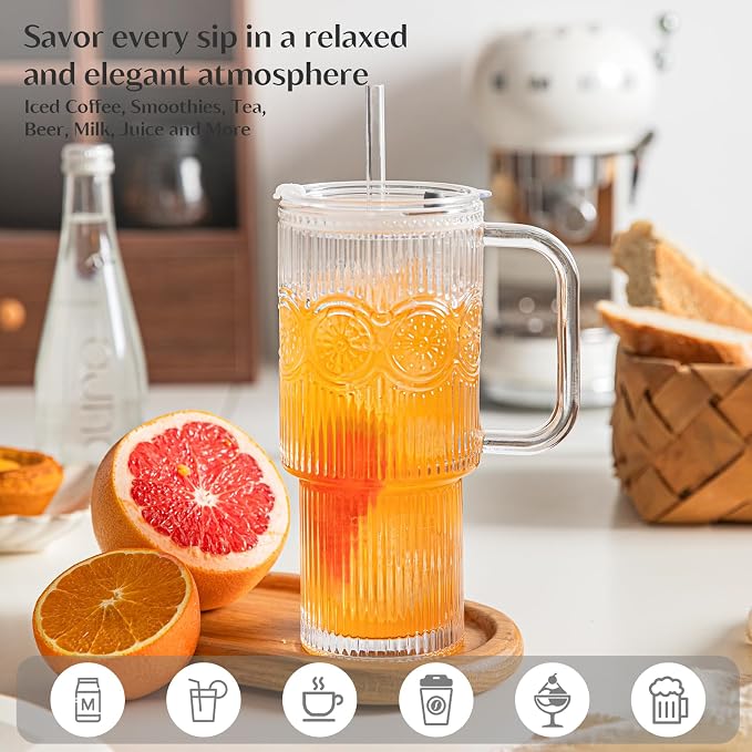 INSETLAN 26oz Ribbed & Floral Glass Tumblers with Handle and Lid, Set of 2 –Reusable Iced Coffee Cups with Straw, Glass Mugs for Water, Smoothies, Tea, and Juice – Ideal for Travel & Daily Use - Image 7