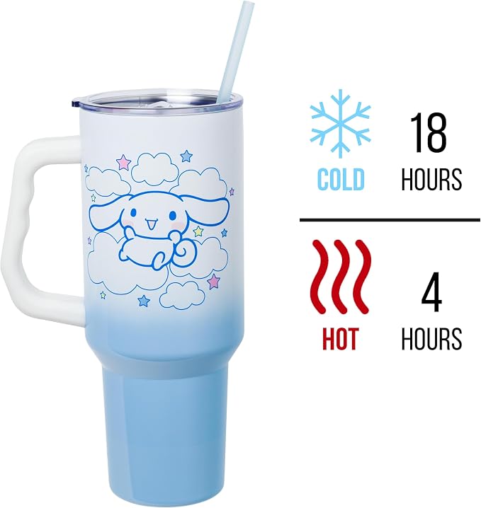 Silver Buffalo Sanrio Hello Kitty and Friends Featuring Cinnamoroll in Stars and Clouds Double Walled Stainless Steel Tumbler with Handle and Straw, Fits in Standard Cup Holder, 40 Ounces - Image 3