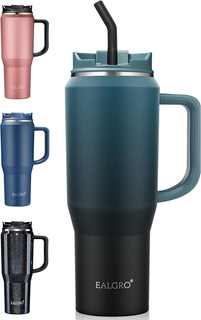 EALGRO 40 oz Insulated Water Bottle Jug with Straw and Handle, Large Metal Sport Water Flask, Stainless Steel Travel Coffee Mug Cup, Thermal Coffee Tumblers with Lid, Indigo Black by EALGRO
