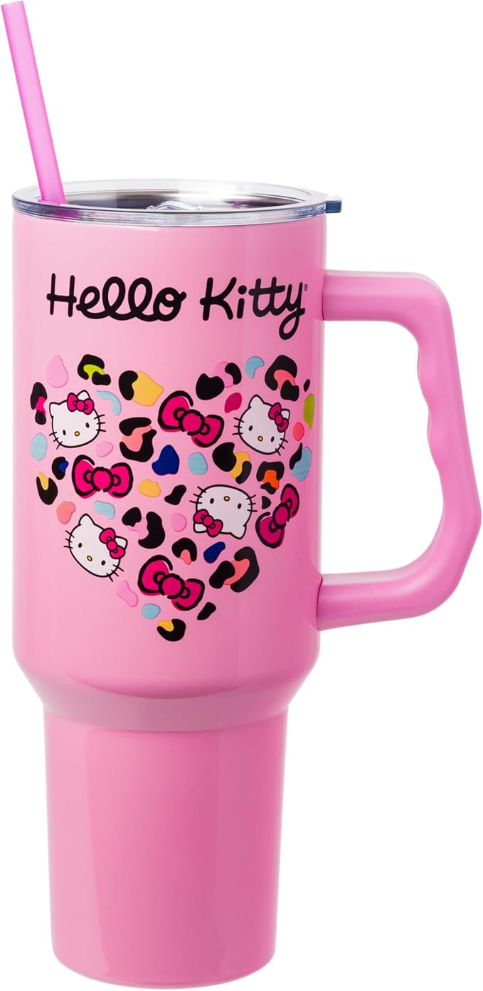 Silver Buffalo Sanrio Hello Kitty Leopard Jungle Cat Print and Bows Heart Double Walled Stainless Steel Tumbler with Handle and Straw, Fits in Standard Cup Holder, 40 Ounces - Image 7