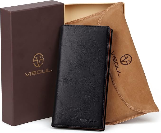 VISOUL Mens Leather Long Bi-fold Checkbook RFID Blocking Wallets, Breast Pocket - Image 6