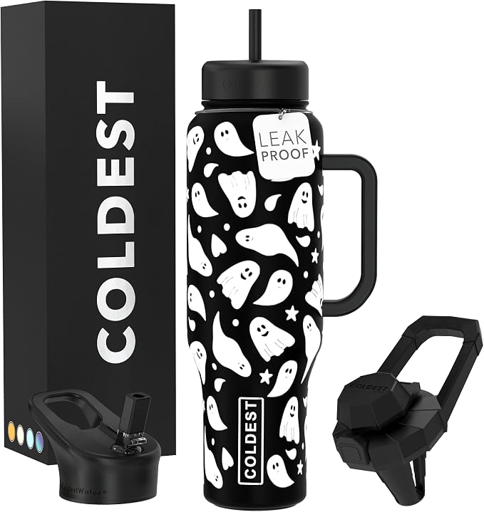 Coldest Tumbler with Handle and Straw - 100% Leak Proof Insulated Tumbler with Lid and Straw (3 Lids) - Stainless Steel Tumblers for Women & Men - Cup Holder Friendly Base, 46 oz (Ghosts) by Coldest