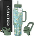 Coldest Tumbler with Handle and Straw, 100% Spill Proof Tumbler with Straw (3 Lids), Stainless Steel Insulated Leakproof Tumblers for Women Men, Cup Holder Friendly, 46 oz (Almond Blossom) by Coldest