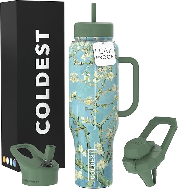 Coldest Tumbler with Handle and Straw, 100% Spill Proof Tumbler with Straw (3 Lids), Stainless Steel Insulated Leakproof Tumblers for Women Men, Cup Holder Friendly, 46 oz (Almond Blossom) by Coldest