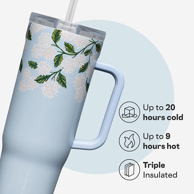 Corkcicle x Rifle Paper Co. Cruiser Insulated Tumbler with Handle & Straw - Keeps Drinks Cold 20 Hours - BPA-Free - 40 oz - Gift for Mom - Great for Mother's Day or Christmas - Gloss Blue Hydrangea - Image 3