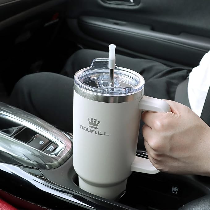 40 oz Tumbler with Handle and Straw Lid, 100% Leak-proof Travel Coffee Mug, Stainless Steel Insulated Cup for Hot and Cold Beverages, Keeps Cold for 34Hrs or Hot for 10Hrs, Dishwasher Safe (Cream) - Image 8