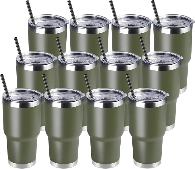 DOMICARE 30 oz Tumbler with Lid and Straw, Stainless Steel Tumblers Bulk, Insulated Vacuum Double Wall Travel Coffee Mug, Durable Powder Coated Tumbler Cups (Army Green, 12) by VisittheDOMICARE